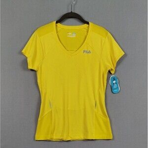 Fila Womens Medium Sport Shirt Yellow Short Sleeve Running Wicking Tech